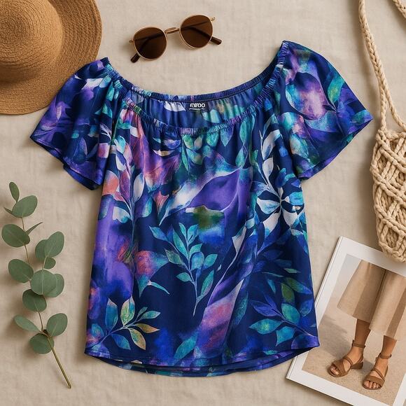Clara Sun Woo Floral Off The Shoulder Blouse Purple Work Travel Womens XS - Picture 1 of 6